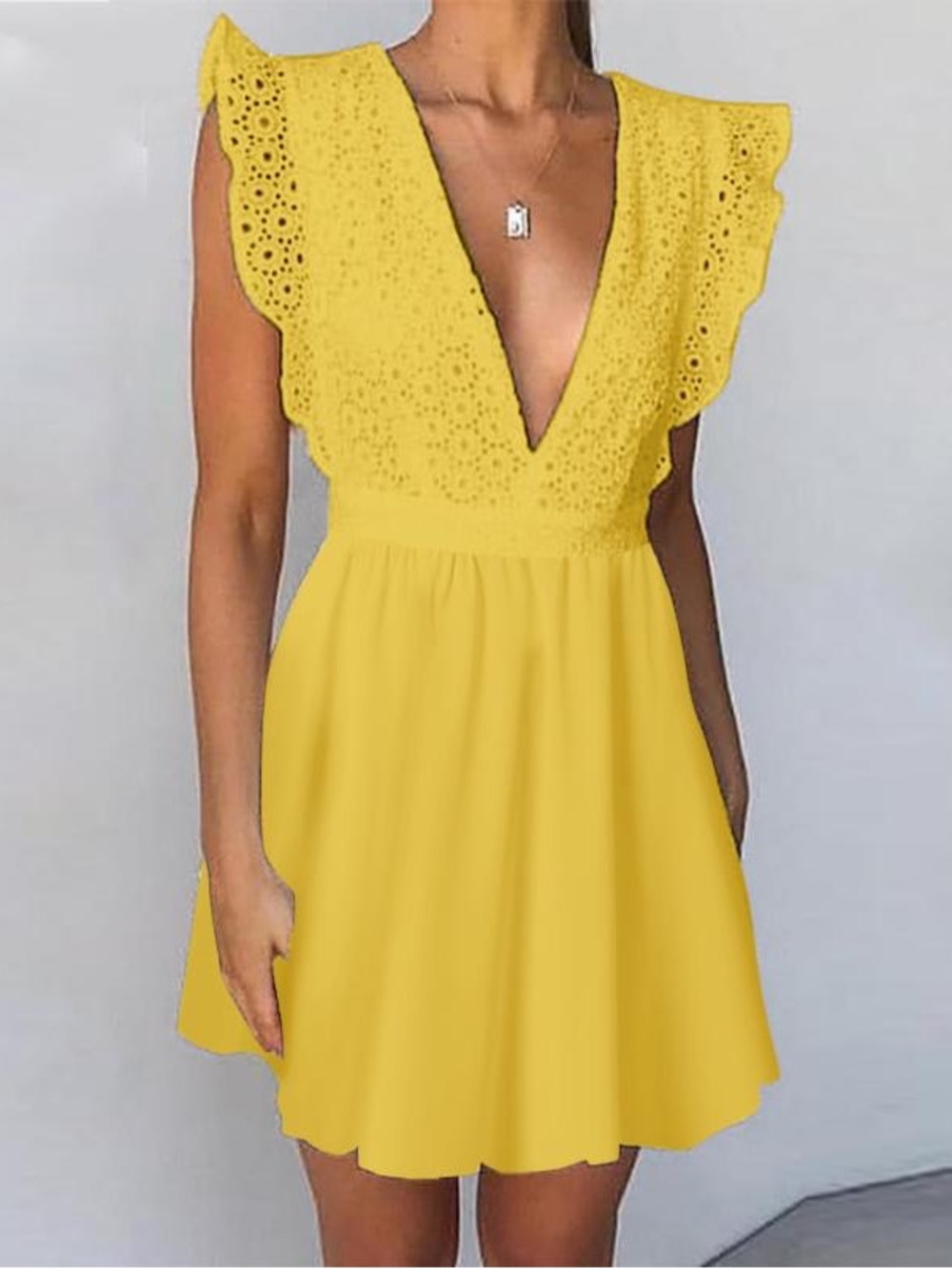 Celmia Brand Women's size Medium Mustard Yellow Lace Patchwork Mini Dress